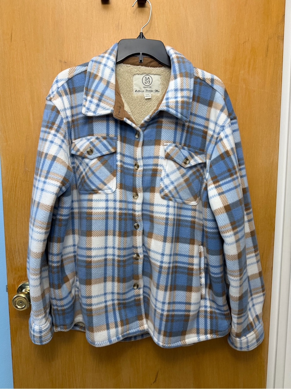 Sage Collective Blue Plaid Sherpa-Lined Shacket Jacket